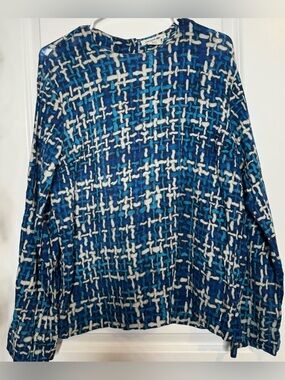Lacoste Blue & Teal Geometric long sleeve Knit Top wool blend size 40 stretch LG